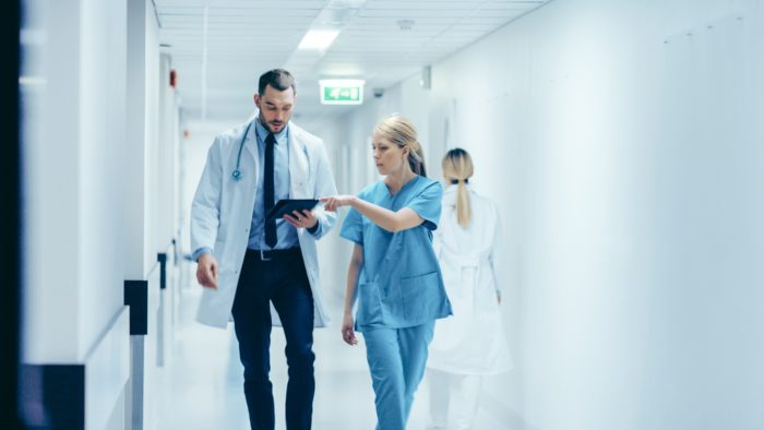 Doctors in hospital corridor