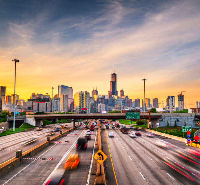 Cars traveling on highway in Chicago, Illinois